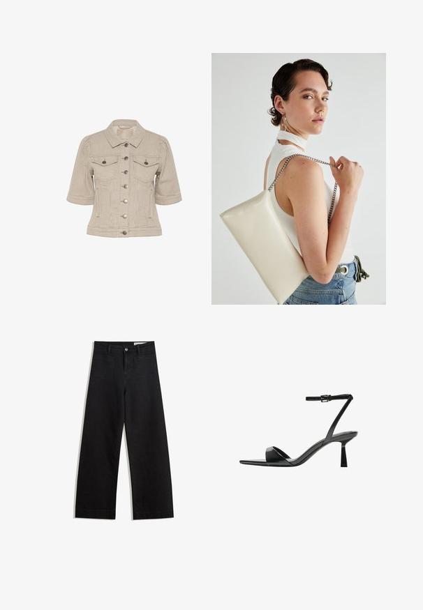 Randig beige denimjacka med korta ärmar, knappstängning framtill, två bröstfickor och silverfärgade metalldetaljer.; Vit långärmad t-shirt i ribbat tyg med rund halsringning och rak nederkant. Enkel, enhetlig design.; Svarta vida denimbyxor med hög midja, med fram- och bakfickor, sydda sömmar och knappstängning. Slät textur.; Bershka Sandaletter - black; Vitt rektangulärt clutch-väsk i glänsande material, med en kedjesnor i silver. Modellen poserar och visar upp väskan mot en neutral bakgrund.