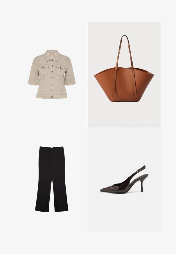 Raidallinen beige farkkutakki, jossa on lyhyet hihat, napitettava etuosa, kaksi rintataskua ja hopeanväriset yksityiskohdat.; Musta hihaton paita, joka on valmistettu puuvillasta, ja jossa on pyöreä kaula-aukko sekä leveät kainaloaukot. Silkkinen pinta ja ommellut reunat. Klassinen, minimalistinen muotoilu.; Mustat housut suoralinjaisella leikkauksella, joissa on etutaskut ja sivurei'ät helman alla. Valmistettu pehmeästä ja sileästä kankaasta. Sopii eri tilaisuuksiin.; Korkokenkät tummanruskeasta kiiltävästä patenttinnahasta, teräväkärkiset, avoimet sivut ja säädettävä nilkkaremmi.; Ruskea nahkabandi, jossa on leveä, jämäkkä muoto, ohuet kahvat ja teksturoitu pinta. Minimalistinen muotoilu, jossa ei ole näkyvää metalliosaa.