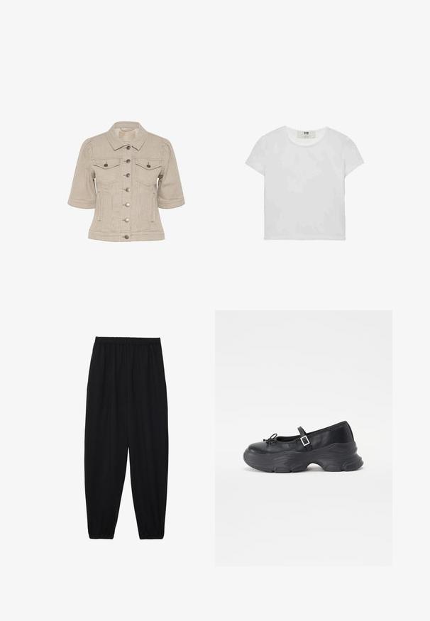 Raidallinen beige farkkutakki, jossa on lyhyet hihat, napitettava etuosa, kaksi rintataskua ja hopeanväriset yksityiskohdat.; Lyhythemmtä, pyöreäkauluksista valkoista t-paitaa, joka on valmistettu pehmeästä puuvillasta. Paidassa on yksinkertainen, selkeä muotoilu ilman näkyviä kuvioita tai korostuksia.; Mustat, kevyet housut, joissa on joustava vyötärö ja kerätyt nilkat. Kangas on sileä ja siinä on rento, kapeneva muotoilu.; Musta nahkainen Mary Jane -kenkä pyöreällä varvalla, jossa on nauhakoriste ja säädettävä nilkkahihna. Varustettu paksulla kumipohjalla, jossa on kaarevat yksityiskohdat.