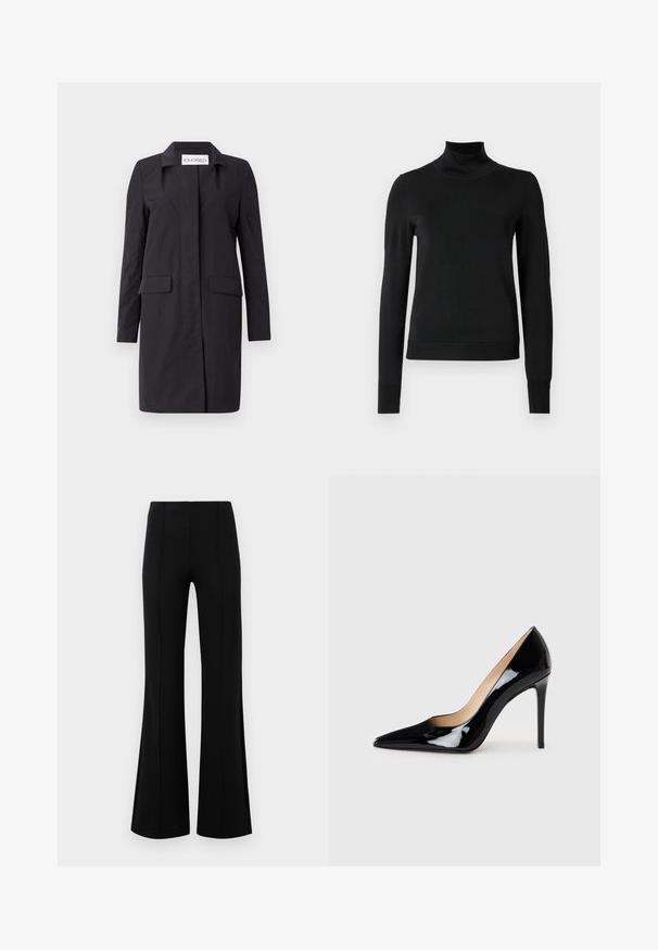 Palton negru, de lungime până la genunchi, realizat dintr-un material ușor. Are un guler, închidere frontală și două buzunare laterale. Design simplu și structurat.; Pulover negru cu mânecă lungă și guler tip colier, cu manșete și tiv cu elastic, expus pe un fundal alb simplu.; Pantaloni negri evazați, cu talie înaltă, fabricați dintr-un material elastic. Prezintă detalii cu cusături verticale în față și o textură netedă.; Pantofi cu toc înalt din piele patent neagră, cu un design cu vârf ascuțit și o siluetă elegantă. Prezintă un finisaj neted și strălucitor și un toc subțire de tip stiletto.