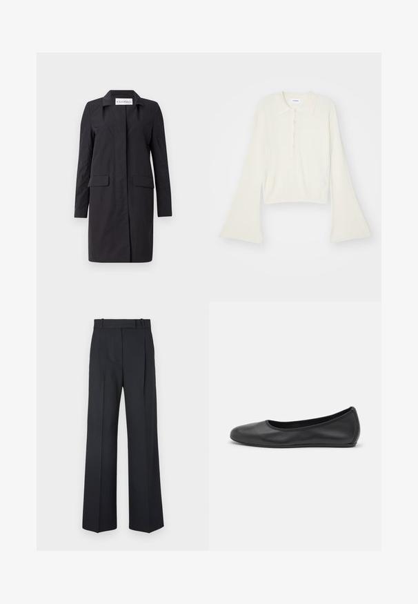 Mustählane, põlvepikkune mantel, mis on valmistatud kergest materjalist. Omab kraed, esist suletust ja kahte küljetaskut. Lihtne, struktureeritud disain.; Kortsirkli, kreemivärvi polosärk, millel on pikad, laiendatud varrukad ja viis nööpi. Omab pehme tekstuuriga kraed.; Tumed sinise triibuga püksid, kõrge vöökoht, laiad jalad ning ilma nähtavate metalldetailide või kaunistusteta. Sile tekstuur ja täpselt istuv lõige.; Musthave mustika tantsutossud mustast nahast, ümmarguse varbaga, siledast tekstuurist, minimaalse õmblusdetailiga ja paindliku tallakujundusega.