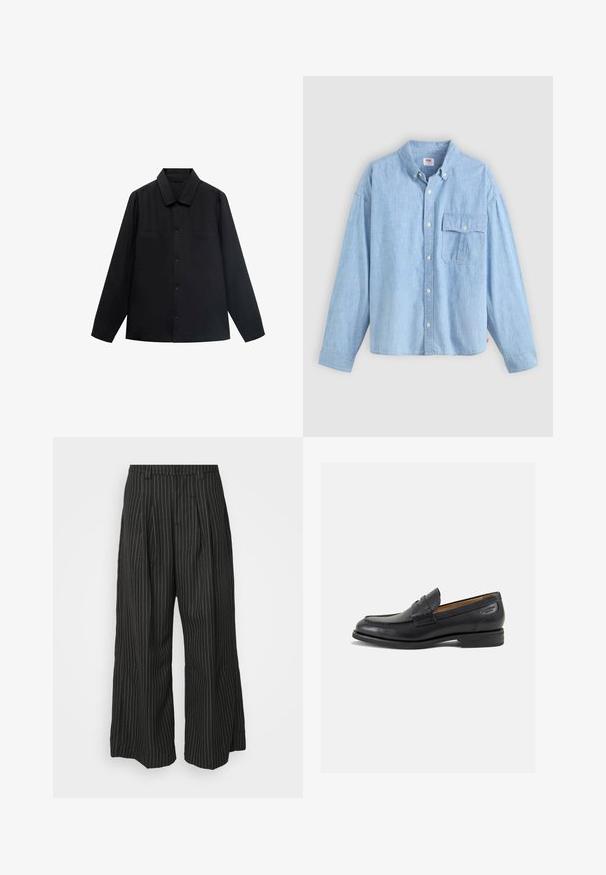 Cămașă neagră cu mânecă lungă, cu guler ascuțit, închidere cu butoane pe față și două buzunare pe piept. Fabricată dintr-un material neted, cu o croială structurată.; Cămașă albastră deschis, cu nasturi, fabricată din material chambray. Are guler, mâneci lungi și o buzunar pe piept cu capac și nasture.; Pantaloni largi cu dungi negre, cu pliuri, având un design croit și o textură moale. Fără detalii sau accente vizibile.; Mocasini din piele neagră cu o finisare netedă, vârf rotund și cusături decorative pe partea superioară. Toc mic și stivuit, cu o ușoară strălucire.