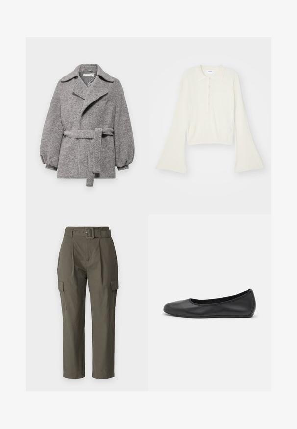 Pilkas vilnos mišinio paltas su dirželio juosmeniu, plačiu apykakle ir pūkuotomis rankovėmis. Minkšta tekstūra, tiesus kirpimas ir priekinis mygtukų užsegimas.; Ribotas, kreminės spalvos polo marškinėliai su ilgomis, platėjančiomis rankovėmis ir penkiais sagų užsegimais. Apykaklė turi švelnų tekstūrą.; Olivos žali cargo kelnės, pagamintos iš lengvos medžiagos. Savybės: diržo juostos, priekiniai raukšlės ir šoninės kišenės su makštimi. ; Juodai odiniai baletai su apvaliu pirštu, lygi texture, minimalus siuvimo detales ir lanksčiu padų dizainu.