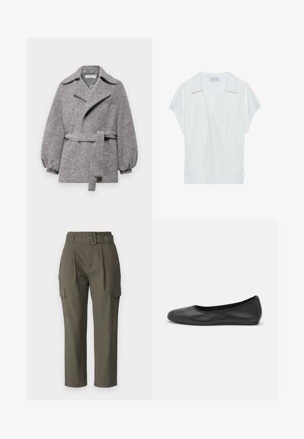 Grijs wollen blend jasje met een ceintuur in de taille, brede kraag en ballonmouwen. Zachte textuur met een rechte snit en een knoopsluiting aan de voorkant.; Witte kraag wikkelblouse gemaakt van soepel stof, met korte mouwen en geplooide details bij de taille voor een relaxte pasvorm.; Olijfgroene cargobroeken, gemaakt van lichte stof. Kenmerken zijn onder andere een ceintuur in de taille, voorplooien en zijzakken met klepsluitingen.; Zwarte leren ballerina met een ronde neus, gladde textuur, minimale stikdetails en een flexibele zoolontwerp.