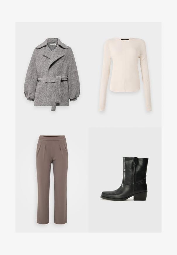 Gray wool blend coat with a belted waist, wide collar, and balloon sleeves. Soft texture with a straight cut and front button closure.; Long-sleeve, light beige top with a round neckline. Made of soft fabric, features a central seam and slightly curved hem. No visible hardware.; Taupe loose-fit trousers with elastic waistband and front pleats, made from smooth fabric.; Black leather ankle boot with a rounded toe, block heel, side zipper, and stitching accents on the vamp. Smooth texture, classic design.