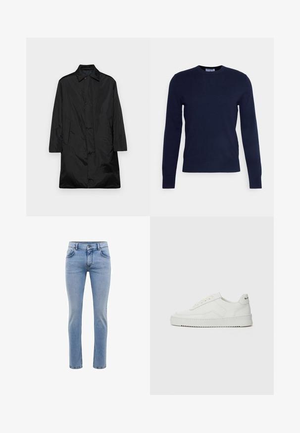 Garš melns pūkainais mētējs ar apkakles izgriezumu, priekšējo pogu aizdari un sānu kabatām. Izgatavots no spīdīga, gluda auduma.; Tumši zils kreklveida džemperis, izgatavots no mīksta auduma, ar garām piedurknēm un ribotu apakšmalu. Nav redzamu rakstu vai rotājumu.; Gai zila denima bikses ar šauru piegriezumu, piecām kabatām un taisnu kāju dizainu. Iekļautas rāvējslēdzēju aizdare un jostas cilpas. Mīksta tekstūra.; Baltas ādas sneakers ar gludu virsmu, apaļu pirkstu daļu, plakaniem šņorēm un teksturētu zoli. Satur diskrētu logotipu uz papēža.