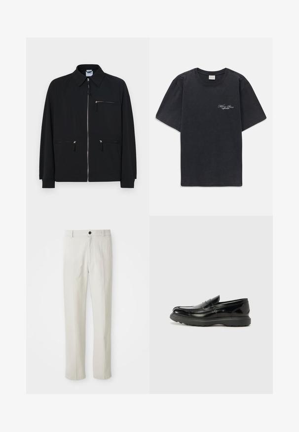Schwarze Jacke aus leichtem Stoff, mit einem frontalen Reißverschluss, zwei Seitentaschen und einer oberen, mit Reißverschluss versehenen Brusttasche.; Schwarzes T-Shirt mit kurzen Ärmeln und Rundhalsausschnitt, mit kleinem weißen "Filling Pieces"-Textlogo auf der linken Brust.; Beige gerade geschnittene Hose mit Gürtelschlaufen, vorderem Knopf und Reißverschluss, flach auf einem weißen Hintergrund präsentiert.; Schwarze Lederloafer mit glanzendem Finish, abgerundetem Zehenbereich, subtilen Steppnähten und einer dicken Gummisohle für Langlebigkeit.