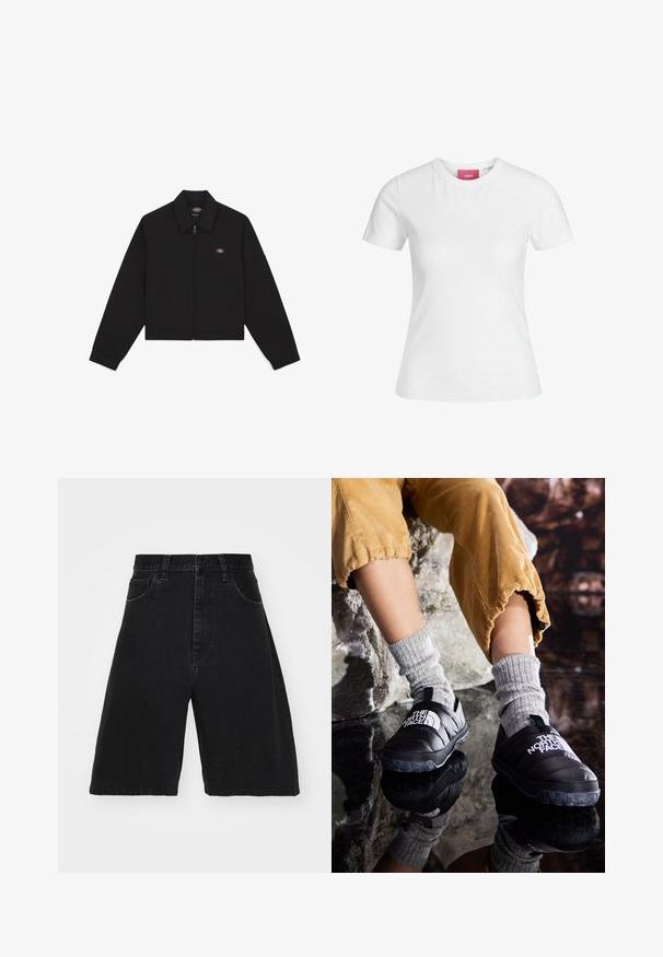 Casaco preto com fecho zip, colarinho plano, mangas longas e bolsos laterais. Apresenta um pequeno logótipo no lado esquerdo do peito. Feito de tecido suave.; T-shirt de algodão branco com mangas curtas e decote redondo. Apresenta uma etiqueta rosa na parte interna do pescoço. Textura suave.; Calções de ganga pretos com uma cintura alta, design de perna larga, apresentando cinco bolsos e fecho por botão. Textura suave com desbotamento mínimo.; Sapatos slip-on pretos isolados com solas texturizadas e logo branco, usados com meias de malha cinzentas, combinados com calças amarelas mostarda às riscas.