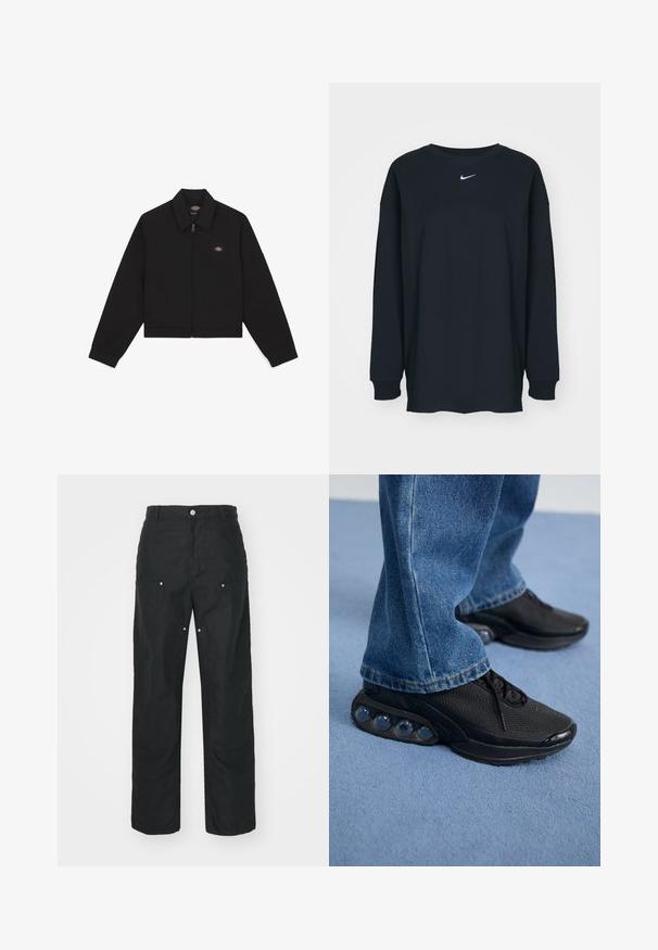 Juoda zip-up striukė su plokščiu apykakle, ilgomis rankovėmis ir šoninėmis kišenėmis. Ant kairiojo krūtinės šono yra mažas logotipas. Pagaminta iš minkštos medžiagos.; Juodas ilgam rankovėms marškinėlis, pagamintas iš medvilnės, su apvalia iškirpte. Krūtinėje yra baltas Nike logotipas. Minkšta tekstūra, paprastas dizainas.; Juodos kelnės su tiesiomis kojomis, pagamintos iš tekstūruotos medžiagos. Papuoštos dekoratyviniais sidabro detalėmis ir unikaliu siūlių apdorojimu.; Juodi sportiniai bateliai su tinkliniu viršumi, tekstūruotais akcentais ir matomais oro pagalvėmis pado viduje. Dėvimi su mėlynais džinsais.