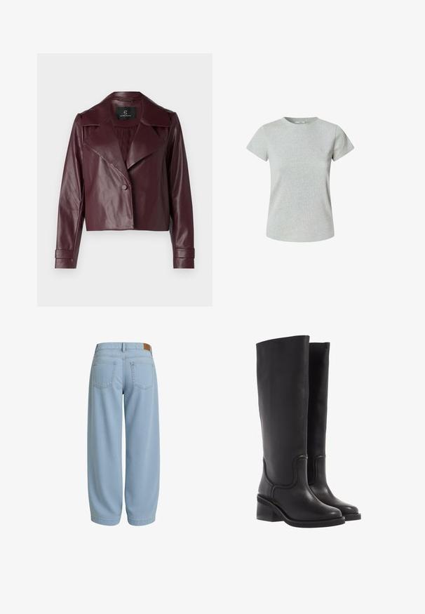 Jachetă scurtă din piele bordeaux, cu guler decupat, închidere cu nasture și mâneci lungi. Textură netedă, cu umeri structurați și mansete.; Tricou din bumbac gri, cu mâneci scurte și guler rotund. Textură netedă, croială clasică și fără modele sau embellishments vizibile.; Pantaloni din denim de un albastru deschis, cu o croială relaxată, ce includ două buzunare la spate, un tiv cu o etichetă din piele maro și glezne conice.; Bocanci negri din piele, până la genunchi, cu o textură netedă, vârf rotunjit și toc masiv. Prezintă cusături subtile și un design fluid.