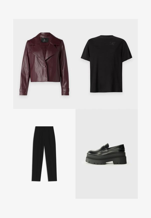 Burgunderfarbene Leder-Cropped-Jacke mit Reverskragen, Knopfverschluss und langen Ärmeln. Glatte Textur mit strukturierten Schultern und Manschetten.; Schwarzes T-Shirt mit kurzen Ärmeln aus weicher Baumwolle. Rundhalsausschnitt mit dezent gesticktem Logo auf der linken Brust. Glatte Textur, lässige Passform.; Schwarze Hose mit geradem Schnitt, doppelten Falten, einer glatten Textur und einem klassischen Bunddesign. Keine sichtbaren Beschläge oder Akzente.; Schwarze Lederloafer mit einer klobigen Plateausohle. Abgerundete Spitze, Nahtdetail auf der Vorderseite und dezente Nähte. Flache, strukturierte Außensohle.
