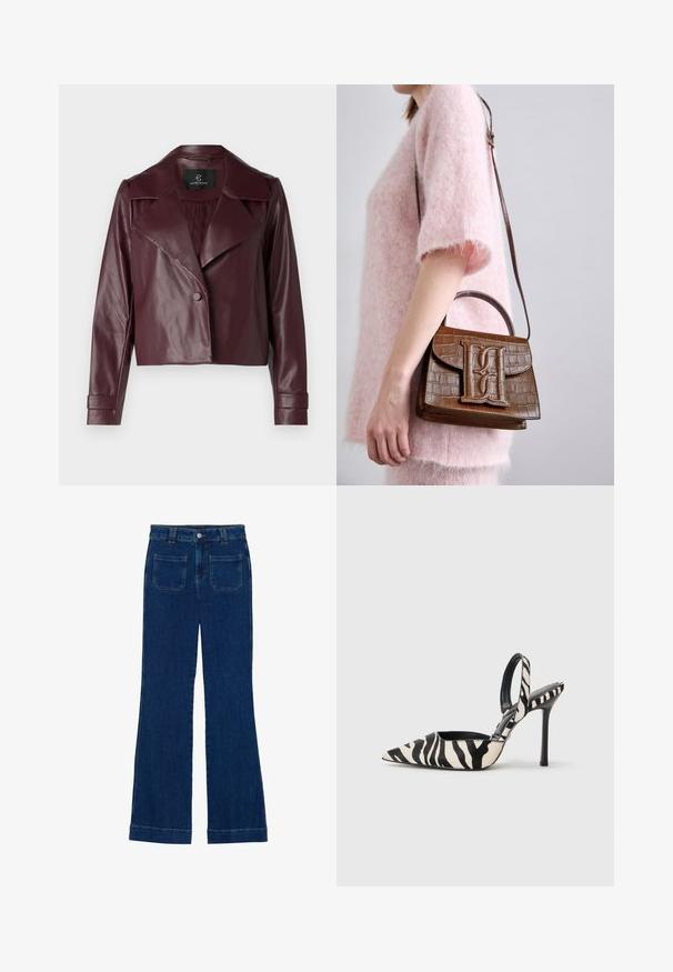 Giubbino corto in pelle bordeaux con colletto a punta, chiusura con bottoni e maniche lunghe. Texture liscia con spalle e polsini strutturati.; Camisole beige chiaro realizzato in tessuto morbido, con sottili spalline regolabili e scollatura a V, dal fit leggermente rilassato.; Jeans a zampa d'elefante in denim di colore blu scuro, con una consistenza liscia, design a cinque tasche e chiusura a bottone in vita.; Tacco slingback con punta affusolata in stampa zebras nera e crema, con un tacco alto sottile e design aperto sul retro con interno nero.; Borsa a mano con effetto coccodrillo marrone, dotata di manico superiore e tracolla. Presenta un logo prominente sulla patta frontale. Texture morbida.