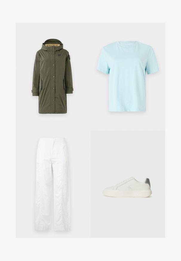 Parka de culoare verde măsliniu, cu glugă, având butoane cu clapetă, două buzunare laterale și o textură netedă. Căptușită cu un material de culoare deschisă.; Tricou din bumbac de culoare albastru deschis, cu manșete scurte, guler tip crew și un logo brodat discret 'Calvin Klein' pe față.; Pantaloni albi cu croială largă, fabricați dintr-un material ușor, având o textură netedă, linii curate și un design cu talie înaltă.; Sneaker alb din piele cu o textură netedă, având un accent argintiu pe călcâi, talpă plată și un design minimalist.