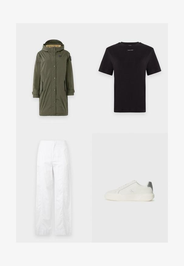 Maslinasto zeleni parka s kapuljačom, s dugmadi na preklapanje, dva bočna džepa i glatkom teksturom. Podstavljen svijetlom tkaninom.; Crna pamučna majica s kratkim rukavima, okruglim izrezom i malim bijelim logom "Calvin Klein" na prsima. Glatka tekstura, klasičan kroj.; Bijele široke hlače od laganog materijala, s glatkom teksturom, čistim linijama i visokim strukom.; Bijela tenisica od kože s glatkom teksturom, koja ima srebrni naglasak na peti, ravni đon i minimalistički dizajn.