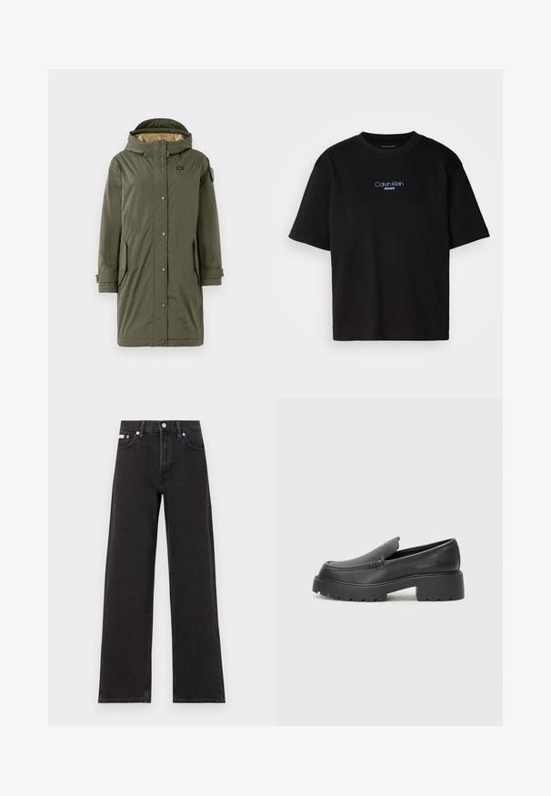 Casaco parka verde-oliva com capuz, com botões de pressão, dois bolsos laterais e uma textura suave. Forrado com um tecido de cor clara.; T-shirt preta de algodão com gola redonda, mangas curtas e logo bordado azul "Calvin Klein JEANS" na parte da frente.; Jeans de perna larga pretos feitos de denim, apresentando uma cintura alta, estilo de cinco bolsos e um fecho em botão de metal com costura contrastante.; Mocassins de couro preto com bico arredondado, sola espessa e texturizada, e detalhes de costura minimalistas. Design elegante sem atacadores ou ferragens visíveis.