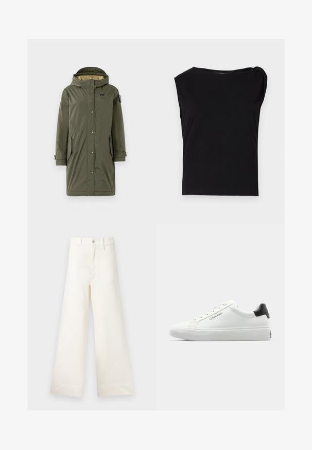 Casaco parka verde-oliva com capuz, com botões de pressão, dois bolsos laterais e uma textura suave. Forrado com um tecido de cor clara.; Top preto de manga curta feito de tecido suave. Apresenta um decote redondo e detalhe drapeado no ombro. Design simples e ajustado.; Calças largas em algodão bege claro. Apresentam uma cintura alta, bolsos frontais e um corte reto. Acabamento de bainha limpo, sem padrões.; Sapatilha branca com acabamento liso, detalhe preto no calcanhar e design com atacadores. Apresenta a marca "Calvin Klein" na lateral. Estilo minimalista.