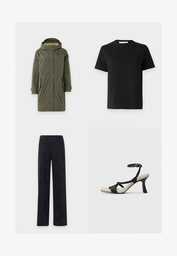 Casaco parka verde-oliva com capuz, com botões de pressão, dois bolsos laterais e uma textura suave. Forrado com um tecido de cor clara.; T-shirt preto de manga curta feito de algodão suave, com decote redondo, ajuste descontraído e uma textura suave. Sem padrões ou gráficos visíveis.; Calças de veludo cotelê em cinza escuro com um design de perna reta, apresentando uma superfície texturada e uma cintura elástica para conforto.; Sandal com salto alto preto e design de tiras trançadas, bico quadrado e tira de tornozelo ajustável. Sola em tom bege claro com um salto preto brilhante.