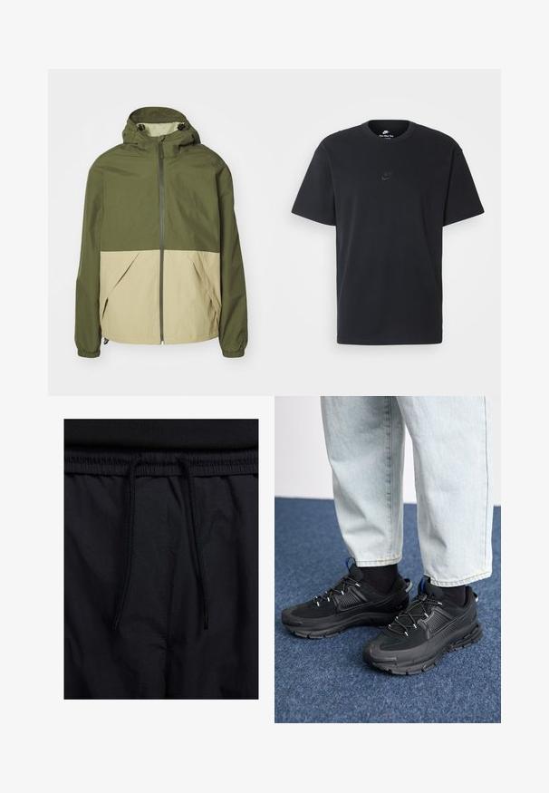 Roheline ja beež kapuutsiga jakk, millel on lukuga esiosa, elastsed mansetid ja kaks esist pocketit. Valmistatud kergest tekstuuriga kangast.; Nike musta mustast puuvillast T-särk klassikalise ümmarguse kaelusega, lühikeste varrukatega ja õrna, reljeefse logoga rinnal. Sile tekstuur.; Mustad lühikesed püksid, millel on paelaga vöökoht, kerge kangas, mis on sileda tekstuuriga ning lihtne disain ilma nähtavate logode või mustriteta.; Mustad mustad jooksukingad, millel on tekstureeritud kangas ja kummist tallad, elastsed nöörid ning sinine aksent kandadel. Kandmine heledate teksadega.