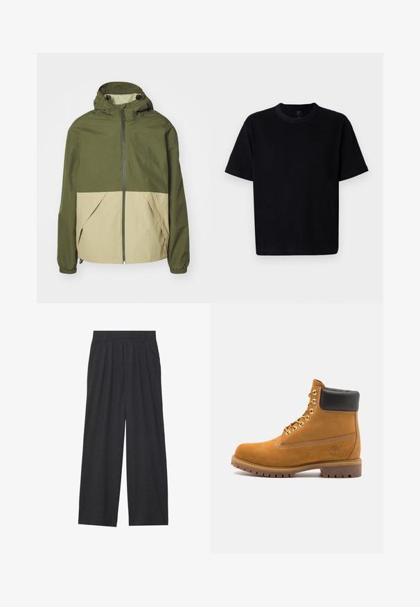 Grønn og beige hettejakke med glidelås foran, elastiske mansjetter og to frontlommer. Laget av lett, teksturert stoff.; Svart bomulls t-skjorte med rund hals, korte ermer og rett snitt. Har minimal søm og en myk, glatt tekstur.; Vide benbukser laget av mørkegrått stoff. Har legg i midjen, en skreddersydd design, og en rett silhuett.; Beige semskede ankelstøvel med svart polstret krage, gullmetalløyer, hvite sømdetaljer og robust gummisåle med påfallende mønster.