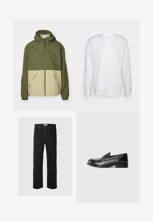 Zelena in bež kapuca jakna z zadrgo spredaj, elastičnimi manšeti in dvema sprednjima žepoma. Narejena iz lahkega, teksturiranega materiala.; Bela dolgimi rokavi majica iz bombaža. Oblika s krožnim izrezom z rebrastimi manšetami in majhnim logotipom na levi rokavu. Gladka tekstura.; Črne usnjene naravne hlače imajo klasičen pet-žepni dizajn z gumbom za zapiranje, minimalnim šivanjem in mehkim občutkom.; Črni usnjeni loafersi z gladko površino, šivanim detajlom čez vamp in rahlo dvignjenim peto.