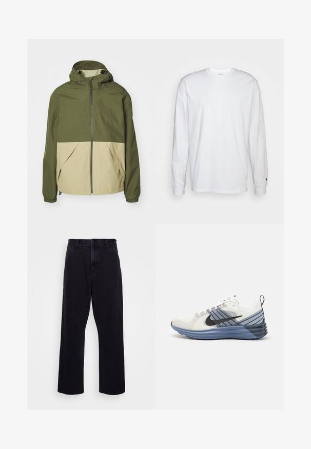 Zöld és bézs színű kapucnis dzseki, cipzáros elülsó résszel, rugalmas mandzsettákkal és két elülső zsebbel. Könnyű, texturált anyagból készült.; Fehér, hosszú ujjú, pamut póló. Kerek nyakú kialakítás, bordázott mandzsetták és egy kis logó a bal ujján. Simaság jellemzi.; Fekete farmernadrág egyenes szárú kialakítással, gombos és cipzáros záródással, övzőkór és minimális varrási részletekkel.; Nike futócipő, fehér hálós felső résszel, tengerészkék akcentusokkal és graduált kék talppal. Tartalmaz egy fekete swoosh-t és texturált sarkat.
