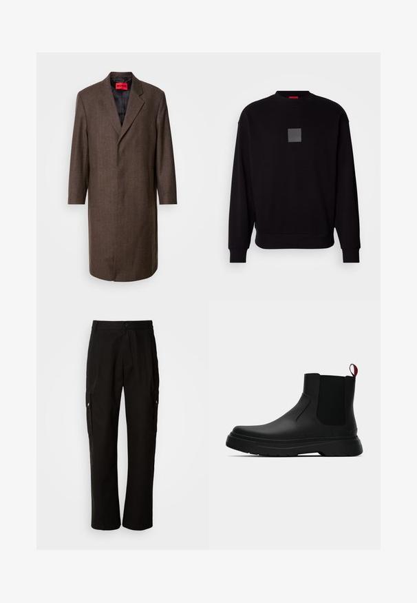 Smeđi kaput od riblje kosti s izrezanim reverom i dva bočna đepa, sa crnim unutarnjim podstavom i crvenom oznakom branda unutra.; Crna dukserica dugih rukava, okruglog izreza, sivo kvadratno logo na prednjem dijelu, meke teksture i rebrastim manžetama i rubom.; Crne cargo hlače od pamuka s opuštenim krojem, koje imaju bočne džepove, kopčanje na gumb i ravne nogavice. Jednostavan dizajn bez uzoraka.; Crni gležnjači s glatkom površinom, elastičnim bočnim panelima i kontrastnom crvenom vučnom petljom, s debelim gumenim potplatom i zaobljenim vrhom.