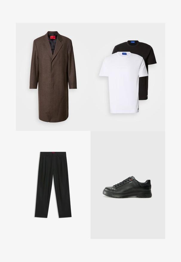 Abrigo marrón de espiga con solapa de muesca y dos bolsillos laterales, con un forro interior negro y una etiqueta de marca roja en su interior.; Dos camisetas apiladas: una blanca y una negra. Con mangas cortas, cuellos redondos, fabricadas en algodón. Presentan un pequeño logotipo azul en el cuello.; Pantalones negros con diseño plisado, forma de pierna ancha y textura suave. Presenta una etiqueta de cintura roja.; Zapatilla negra de cuero con parte superior texturizada, cuello acolchado y detalle del logo en rojo. Presenta una suela de goma gruesa con un patrón de relieve distintivo.