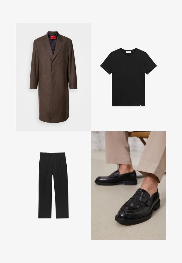 Bruin vissengraat jasje met een notch lapel en twee zijzakken, voorzien van een zwarte voering en een rood merklabel aan de binnenkant.; Zwarte T-shirt met korte mouwen van katoen, met een ronde hals en een klein logo geborduurd op de borst. Soepele textuur, normale pasvorm.; Zwarte broeken met een recht model, gemaakt van een gladde stof. Voorzien van een voorplooien en een enkele knoopsluiting bij de taille.; Zwarte leren loafers met een gladde afwerking, voorzien van een decoratieve band en contrasterende stiksels, gecombineerd met beige broeken.