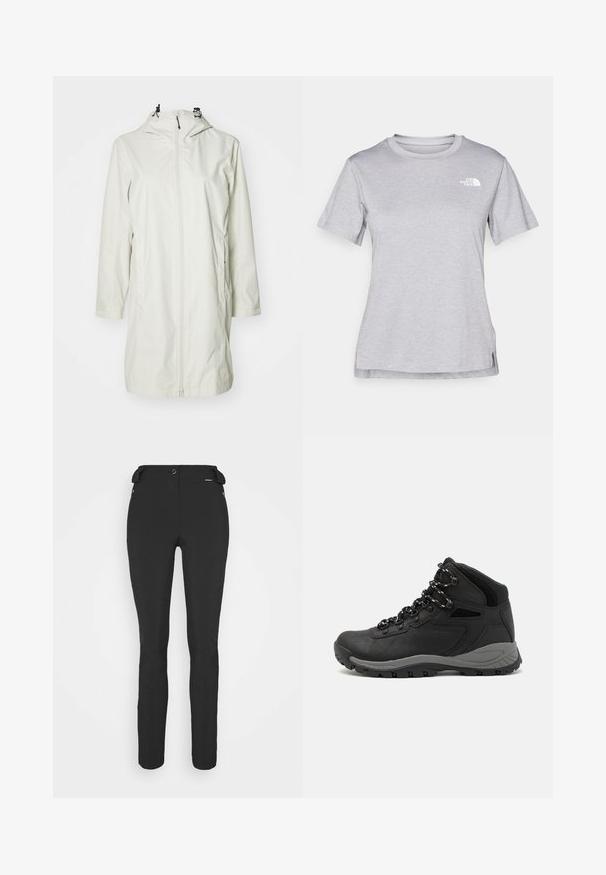 Lekki, wodoodporny płaszcz w jasnym beżu. Ma kaptur ze sznurkiem, zamek błyskawiczny z przodu i długie rękawy. Prosty, zgrabny design.; Szara, krótkozasięgowa koszulka wykonana z miękkiego, odprowadzającego wilgoć materiału. Posiada okrągły dekolt oraz małe białe logo w górnym lewym rogu.; Czarne, dopasowane spodnie wykonane z elastycznego materiału. Cechy to kieszeń boczna na zamek, strefowe kolana oraz gładka faktura.; Czarne buty trekkingowe z średnim cholewem, z teksturowaną cholewą, szarymi akcentami oraz trwałą gumową podeszwą z wypustkami zapewniającymi przyczepność.