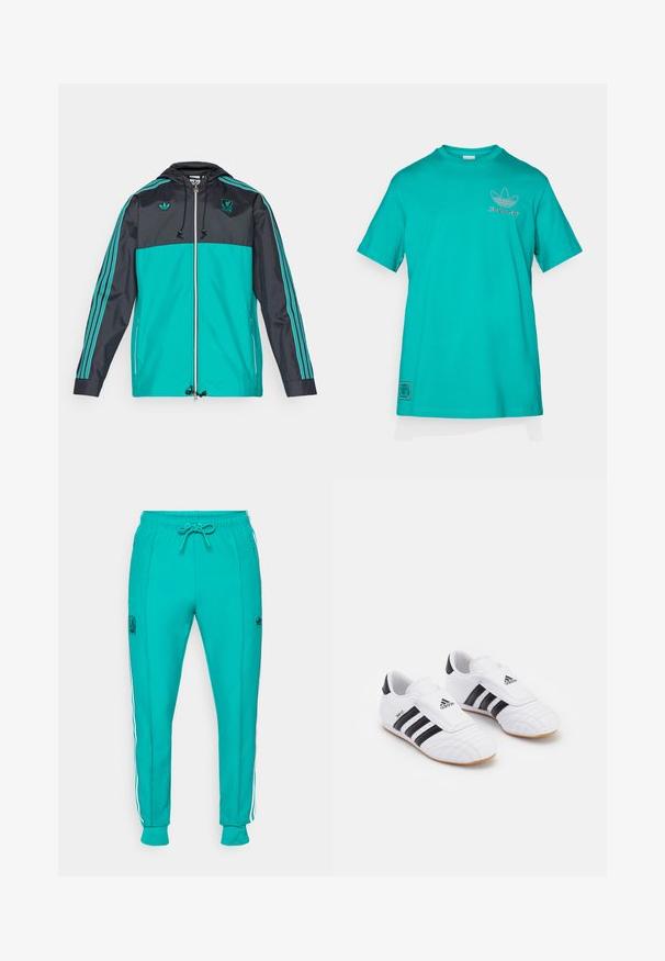 adidas Originals LIVERPOOL FC ICON PARKA - Roupa de discoteca - black/sea green; adidas Originals LIVERPOOL FC ICON GRAPHIC T-SHIRT - Roupa de discoteca - sea green; adidas Originals LIVERPOOL FC ICON TRACK PANT - Roupa de discoteca - sea green; Ténis atléticos brancos com riscas pretas, com uma textura semelhante ao camurça, bico arredondado e uma tira de Velcro. Sola de borracha para aderência.