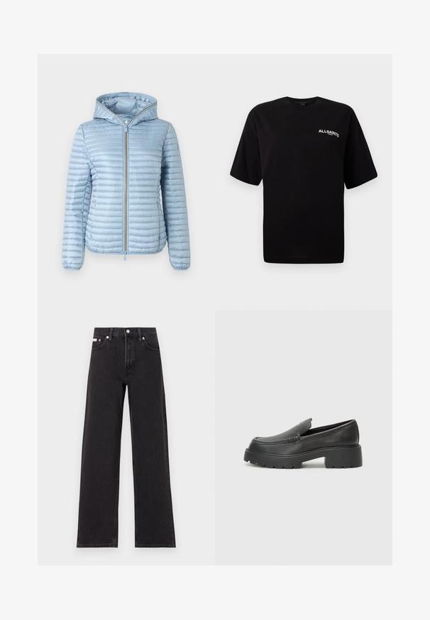 Lichtblauwe, gewatteerde pufferjack met capuchon, met een gequiltde textuur, een ritssluiting aan de voorkant en elastische manchetten. Heeft een gladde afwerking en een strakke uitstraling.; Zwarte katoenen T-shirt met een ronde hals, korte mouwen en een klein wit "ALLSAINTS" logo op de linkerborst. Glad textuur, relaxte pasvorm.; Zwarte wijde spijkerbroeken van denim, met een hoge taille, vijf-pocket stijl en een metalen knoopsluiting met contrasterende stiksels.; Zwarte leren instappers met een ronde neus, dikke getextureerde zool en minimale stikseldetails. Strak ontwerp zonder zichtbare veters of hardware.