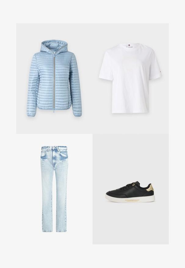 Light blue, hooded puffer jacket with a quilted texture, front zipper closure, and elastic cuffs. Features a smooth finish and sleek design.; White cotton T-shirt with a crew neck, short sleeves, and subtle yellow logo design reading "HILFIGER NEW YORK 1985." Standard fit.; Light blue denim jeans with a straight leg design, five pockets, and a faded texture. Features visible stitching and a classic button closure.; Black leather sneaker with a smooth texture, white rubber sole, gold accents on the heel and eyelets, featuring a logo on the side.