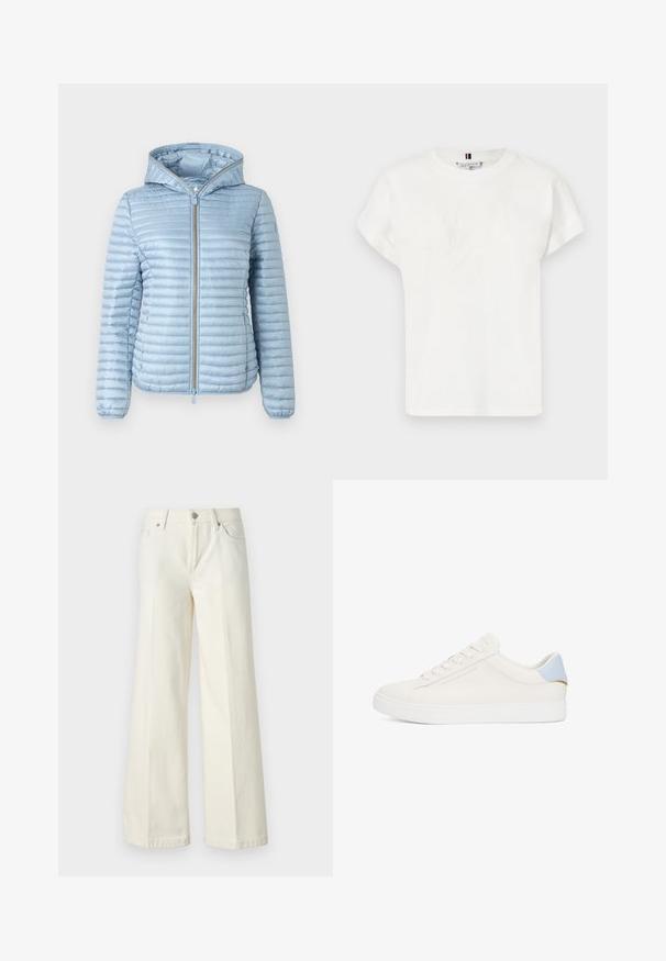 Light blue, hooded puffer jacket with a quilted texture, front zipper closure, and elastic cuffs. Features a smooth finish and sleek design.; White short-sleeve t-shirt made of cotton, featuring a subtle embossed logo on the front and rolled cuffs. Smooth texture, relaxed fit.; Wide-leg white jeans made from cotton blend fabric. Features a zipper fly, five-pocket design, and stitching along the seams.; White leather sneaker with a smooth texture, light blue accent at the heel, gold hardware detail, and raised brand logo on the side.