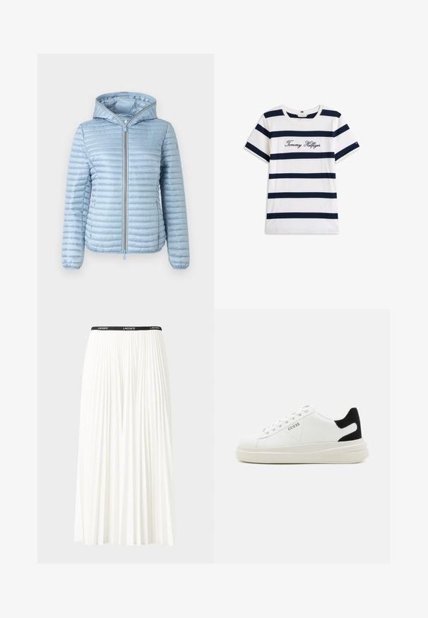 Veste matelassée à capuche, bleu clair, avec une texture quiltée, fermeture éclair à l'avant et poignets élastiques. Présente une finition lisse et un design épuré.; T-shirt en coton avec des rayures horizontales bleu marine sur un fond blanc. "Tommy Hilfiger" brodé en écriture cursive sur la poitrine. Encolure ras du cou.; Jupe plissée blanche avec une taille élastique noire portant le logo "LACOSTE". Design mi-long avec une texture douce.; Baskets en cuir blanc avec une épaisse semelle blanche, un accent en daim noir au niveau du talon et un logo embossé sur le côté. Design à lacets avec six œillets.