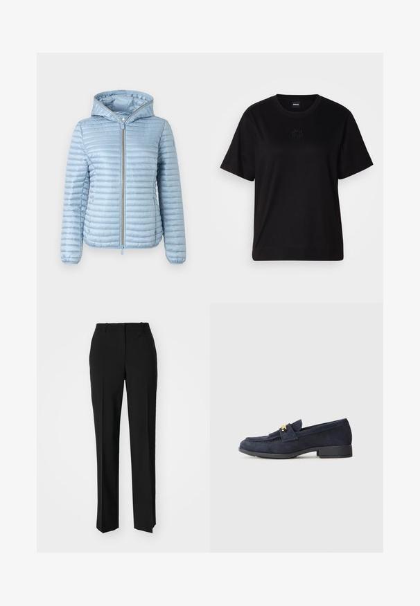 Light blue, hooded puffer jacket with a quilted texture, front zipper closure, and elastic cuffs. Features a smooth finish and sleek design.; Black cotton t-shirt with a crew neckline, short sleeves, and an embroidered logo on the chest. Simple, relaxed fit with no patterns.; Black tailored trousers with a straight-leg design, featuring a smooth texture and crisp creases along the front. No visible hardware.; Navy suede loafers with a low black heel, featuring a decorative gold hardware detail on the front and a rounded toe design.
