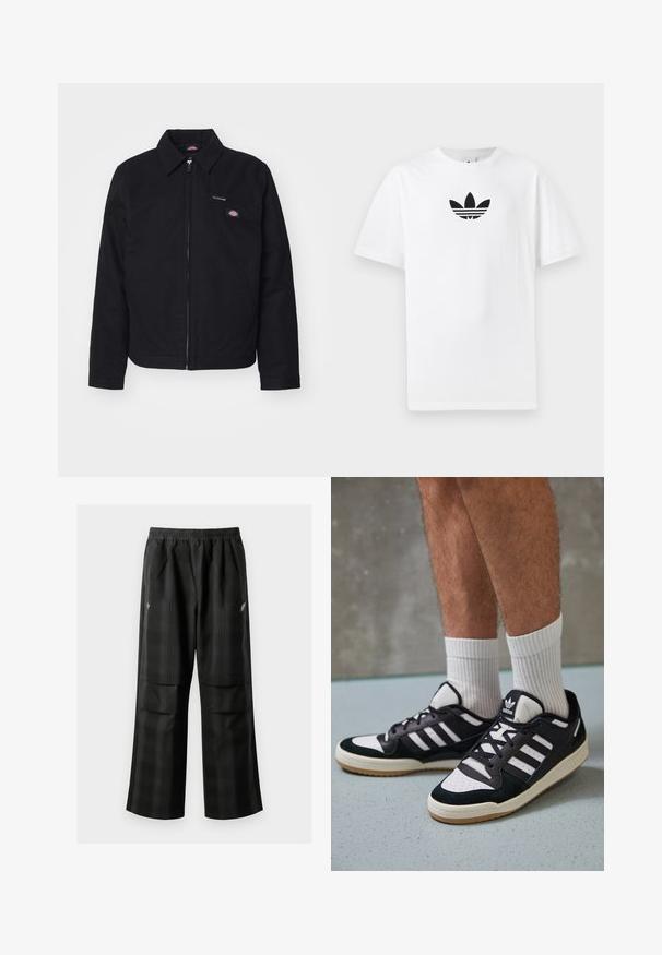 Dickies NEW JACKET - Poletna jakna - black; Bela bombažna majica s črnim logojem Adidas na sredini. Kratki rokavi in oblikovanje z okrog lim. Gladka tekstura.; Črne karirane hlače z elastičnim pasom, dvema sprednjima žepoma in ohlapnim krojem s pravimi nogavicami. Narejene so iz lahke tkanine.; Črno-bele superge z zgornjim delom iz usnja in nubuka, ki imajo tri bele črte, perforiran vrh prstov in podplat iz gume.
