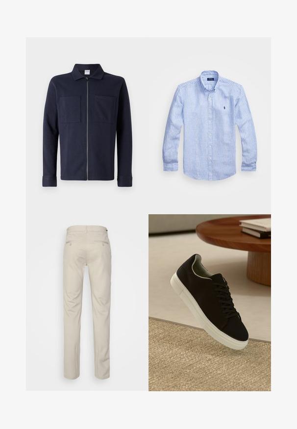 Casaco azul-marinho com fecho éclair, feito de algodão macio, apresentando um colarinho e dois bolsos frontais em patch. Textura suave com mangas longas.; Camisa de manga longa azul e branca com riscas, feita de algodão, apresentando um colarinho abotoado, botões frontais e um pequeno logotipo bordado no peito.; Calças bege com uma textura suave, corte reto, dois bolsos traseiros com botões e uma cintura padrão.; Sneaker preto com sola branca flutuando acima de um tapete texturizado bege, perto de uma mesa redonda de madeira com livros empilhados.