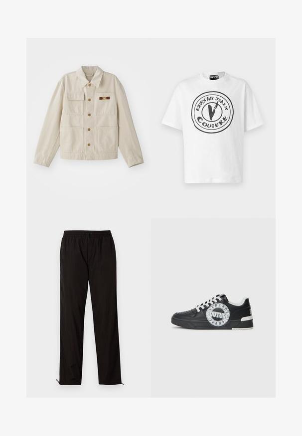 Giacca beige con bottoni, quattro tasche frontali, maniche lunghe e una piccola chiusura decorativa marrone e oro sulla tasca superiore destra.; Versace Jeans Couture T-shirt con stampa - white; Pantaloni leggeri neri con vita elastica, chiusura con cordino e orli con zip per una vestibilità regolabile. Texture liscia e elegante.; Sneaker nere in pelle con accenti bianchi, dettagli del logo rotondo, punta perforata e suola a contrasto. Presentano lacci bianchi e branding.