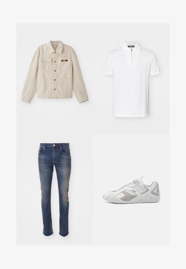 Beige Hemdjacke mit vier Fronttaschen, langen Ärmeln und einem kleinen dekorativen Verschluss in Braun und Gold auf der rechten Brusttasche.; Weißes Poloshirt aus Baumwolle, mit Reißverschluss und einem markanten Kragen Design. Keine Muster oder Akzente sichtbar.; Herren-Denim-Jeans mit geradem Schnitt in Dunkelblau, mit einem verblassten Material, fünf Taschen und einem Frontknopfverschluss mit goldener Akzentuierung.; Weiße Sportsneaker mit grauen Wildlederakzenten, einer strukturierten Gummisohle, Netzeinsätzen und Schnürsystem. Mit Branding an der Seite.