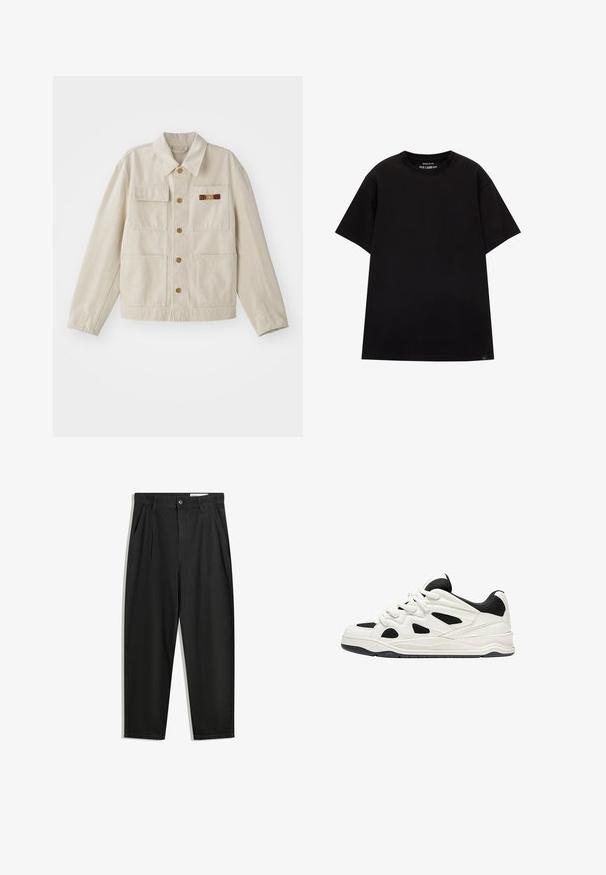 Beige sako na knoflíky s čtyřmi předními kapsami, dlouhými rukávy a malým hnědým a zlatým ozdobným zapínáním na pravé kapse na hrudi.; PULL&BEAR JOIN LIFE - Jednoduché tričko - black; Černé bavlněné kalhoty s uvolněným střihem, klasickým pasem, předními záhyby a bočními kapsami. Hladká textura bez vzorů.; Bílé a černé sportovní boty s texturovanou podrážkou, s výřezovými vzory na bocích a tkaničkami, a měkkým zadním dílem pro podporu.