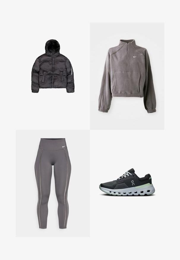 Črna puhovka s kapuco, z zadrgo spredaj, quiltano teksturo in dvema velikima sprednjima žepoma. Stranski žep z zadrgo za dodatno shranjevanje.; Siv pulover iz flisa s četrtinskim zadrgo, z elastičnimi manšetami in robom, sprednjim žepom ter majhnim belim logotipom na levem prsnem delu.; Sive visoko pasovi leggingi, izdelani iz raztegljivega materiala, z kontrastnimi stranskimi črtami in prilegajočo obliko za udobje in fleksibilnost.; Atletski čevlji z zgornjim delom iz črne mreže, belimi vezalkami in podplatom z oblazinjenjem ter zelenimi detajli ter teksturiranim in prezračevanim dizajnom.