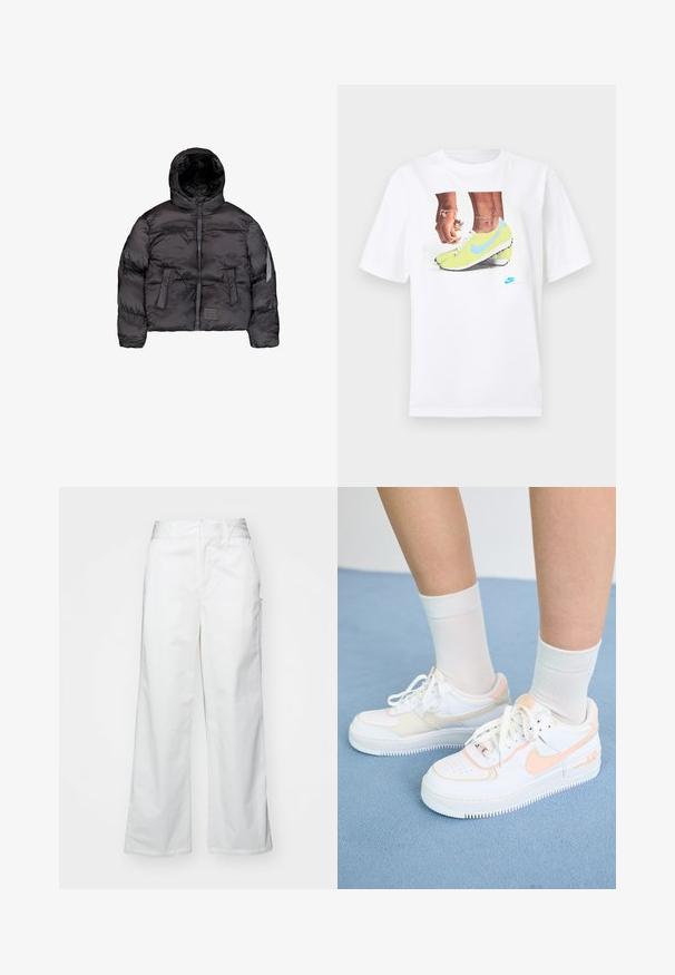 Casaco puffer preto com capuz, apresentando um fecho frontal com zíper, textura acolchoada e dois grandes bolsos frontais. Bolso lateral com zíper para armazenamento adicional.; T-shirt branco de algodão com uma gráfica de pés em chuteiras Nike amarelas com detalhes azuis, combinado com uma pulseira no pulso esquerdo.; Calças largas brancas feitas de algodão, com uma textura suave, corte reto, bolsos frontais e bainha limpa.; Sapatilhas brancas com detalhes em pêssego, parte superior em couro liso, biqueira perfurada, sola texturizada e atacadores. Usadas com meias brancas até ao tornozelo sobre uma superfície azul.