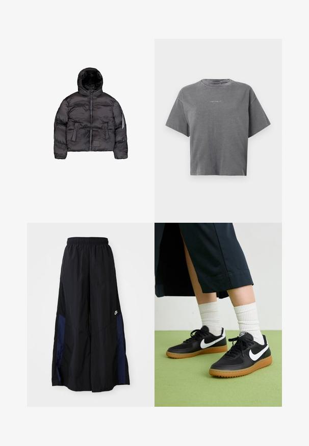 Svart boblejakke med hette, som har glidelås foran, quiltet tekstur og to store frontlommer. Sidetommerslomme for ekstra oppbevaring.; Grå kortermet cropped T-skjorte med rund hals og liten sentrert hvit "carhartt" logo på forsiden.; Svarte vide bukser laget av lett stoff, med et marineblått sidestykke og elastisk midjebånd. Liten hvit logo nederst.; Sorte lær- og syntetiske joggesko med hvit Nike swoosh, gummisåle, rund tå og sorte lisser. Ribbet hvite sokker synlige.