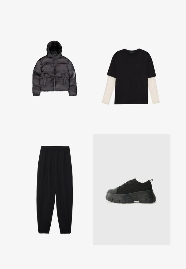 Černá péřová bunda s kapucí, vybavená předním zipem, prošívanou texturou a dvěma velkými předními kapsami. Kapsa na zip na boku pro další úložný prostor.; Černé tričko z bavlny s krátkým rukávem, pod kterým je bílá podvlékací halenka s dlouhým rukávem a jemným texturovaným vzorem. Design s kulatým výstřihem.; Černé, lehké kalhoty s elastickým pasem a nařasenými kotníky. Tkanina je hladká a má uvolněný, zúžený design.; Černé tenisky s robustní gumovou podrážkou, vrchní část z texturované tkaniny, kulatá špička a šněrovací design. Obsahují zesílené okraje pro tkaničky a poutko na zadní straně.