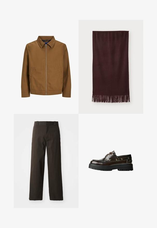 Braune Zip-Jacke mit Kragen, langen Ärmeln und zwei Fronttaschen; glatte Textur und minimalistisches Design ohne sichtbare Muster.; Brauner, ärmelloser Strickpullover mit rundem Ausschnitt, gerippten Kanten und weicher Textur; Etikett trägt die Aufschrift "WEEKDAY."; Schwarzes Baumwoll-T-Shirt mit Rundhalsausschnitt, kurzen Ärmeln und geradem Saum. Glatte Textur; schlichtes, ungeschmücktes Design.; Schwarze Baumwollhosen mit geradem Bein, ausgestattet mit einem Knopfverschluss und einem klassischen Bund. Glatte Textur, keine Muster oder Akzente.; Braune Lederbootsschuhe mit Gummisohle, die mit Nahtdetails, Metallösen und einer Schnürung ausgestattet sind. Robuste, leichtgewichtige Konstruktion.; Bordeauxfarbener Schal aus weichem Stoff, mit glatter Textur und langen Fransen am Saum für zusätzliche Details. Rechteckige Form, liegt flach.