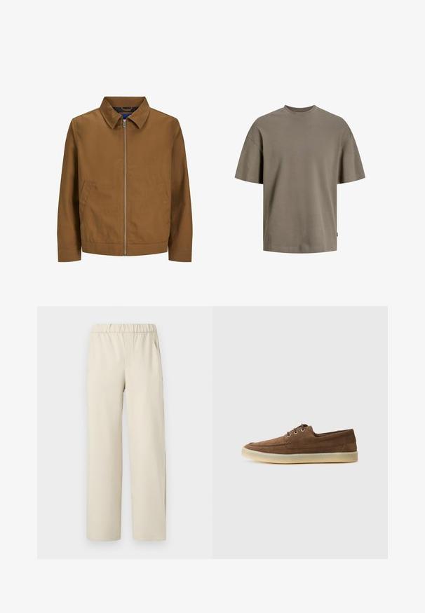 Chaqueta marrón con cremallera, cuello, mangas largas y dos bolsillos delanteros; textura suave y diseño minimalista sin patrones visibles.; Camiseta de algodón en un verde oliva suave; presenta un cuello redondo, mangas cortas y un corte relajado con un detalle de costura mínimo.; Pantalones de pierna ancha en color beige con una cinturilla elástica, confeccionados en tela suave. Presentan una textura lisa y sin patrones o herrajes visibles.; Zapatos de ante marrón con un diseño de perfil bajo, con cordones, suela de goma y detalles de costura en contraste. Estilo simple y funcional.