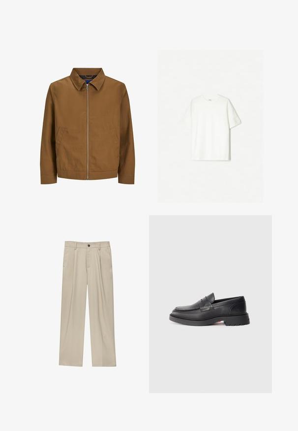 Giacca marrone con zip, colletto, maniche lunghe e due tasche frontali; texture liscia e design minimalista senza motivi visibili.; T-shirt bianco a maniche corte, realizzato in cotone morbido. Design a girocollo con una vestibilità comoda e senza loghi o motivi visibili.; Pantaloni beige a taglio dritto, con un solo bottone nero, passanti per la cintura e tasche laterali. Tessuto dalla texture liscia e design minimale.; Mocassini in pelle nera con punta rotonda, cucitura rialzata e suola in gomma spessa. Design semplice con minimal branding sul lato.