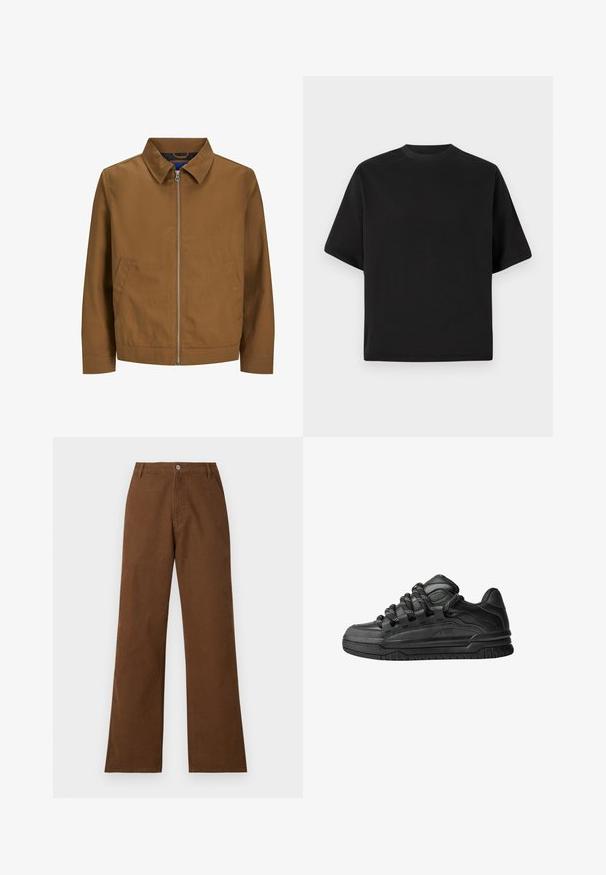 Giacca marrone con zip, colletto, maniche lunghe e due tasche frontali; texture liscia e design minimalista senza motivi visibili.; T-shirt nera a maniche corte in vestibilità larga, realizzata in cotone morbido, con scollatura rotonda e design minimalista.; Pantaloni di cotone marrone con design a gamba dritta, chiusura con bottone e due tasche frontali. Texture liscia senza motivi o decorazioni visibili.; Sneaker nere con una toma in pelle liscia, dettagli testurizzati e lacci tondi neri e bianchi. Suola spessa in gomma con battistrada gommato.