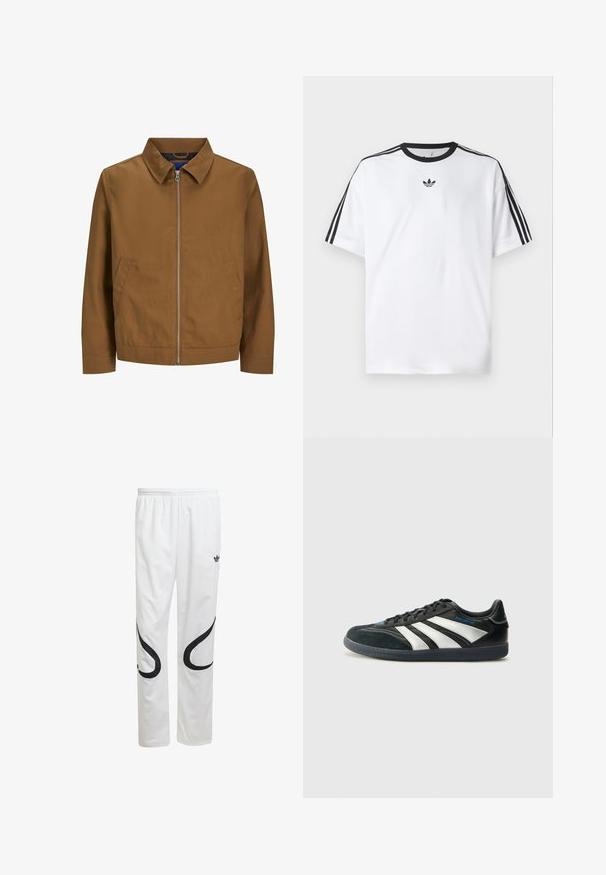 Veste zippée marron avec un col, des manches longues et deux poches avant ; texture lisse et design minimaliste sans motifs visibles.; T-shirt blanc en coton, doté d'un col rond noir et de trois rayures noires sur chaque épaule. Petit logo noir sur la poitrine.; Pantalons de sport blancs avec une texture lisse, présentant des motifs courbés noirs sur les côtés et un logo noir près de la taille.; adidas Performance PREDATOR FREESTYLE JUDE INDOOR FOOTBALL SHOES - Chaussures de football en salle - core black/silver-coloured/glory blue