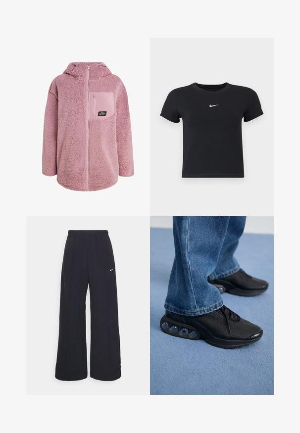 Rožinė pūkinė striukė, minkštos tekstūros, su kapišonu ir užtrauktuku krūtinės kišenėje, kurioje yra logotipas. Atsipalaidavęs siluetas ir lenktas apatinis kraštas.; Juodas trumpas rankoves marškinėliai, pagaminti iš medvilnės, su apvaliu kaklu. Pasižymi balta Nike logotipu ant krūtinės, minimalistišku dizainu ir prigludusia forma.; Juodos plačios kojos kelnės su elastinga liemene ir mažuoju baltu Nike logotipu. Audinys turi lygią tekstūrą, sukurtas patogumui ir kasdieniam nešiojimui.; Juodi sportiniai bateliai su tinkliniu viršumi, tekstūruotais akcentais ir matomais oro pagalvėmis pado viduje. Dėvimi su mėlynais džinsais.